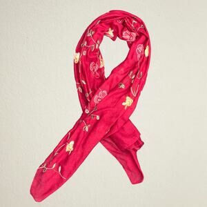 Red floral embroidered scarf, romantic cottagecore fairy bohemian